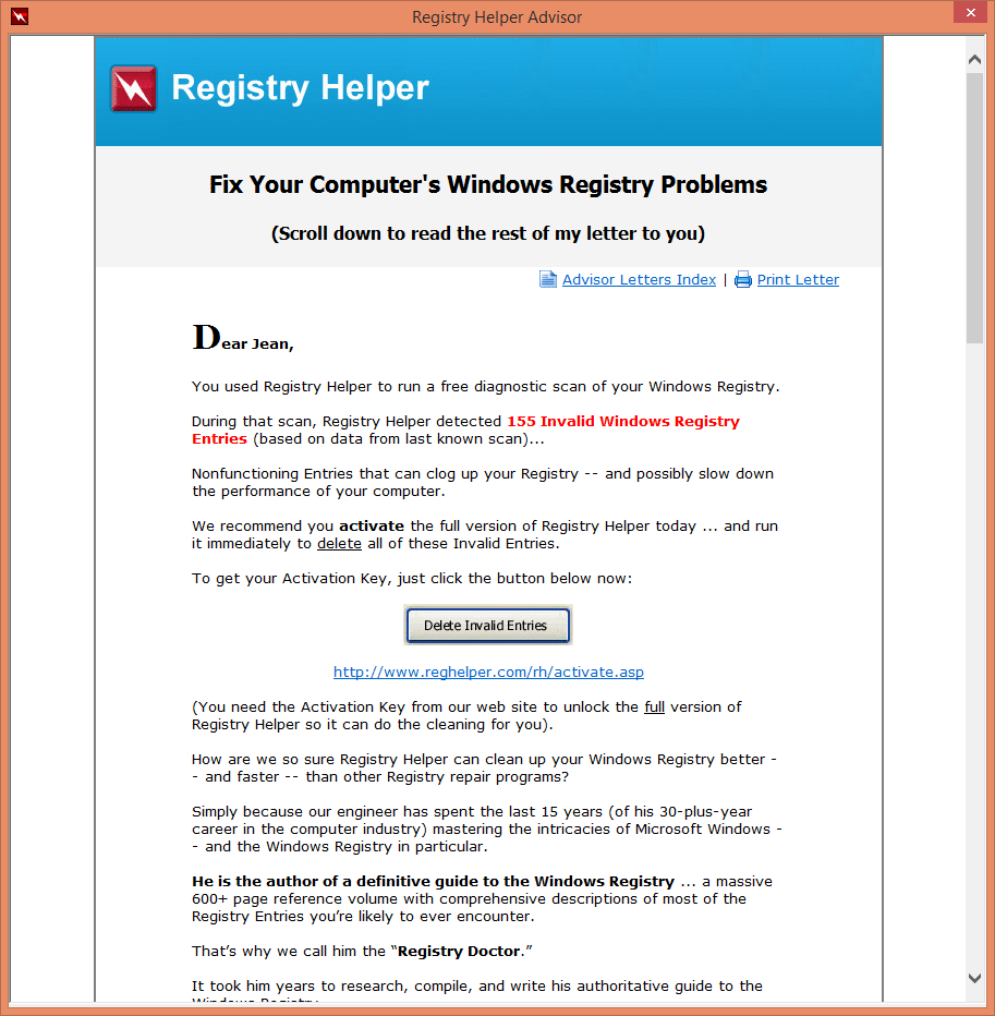 alerte émise par registry helper