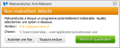 Unico Browser bloqué par Malwarebytes Anti-Malware Premium
