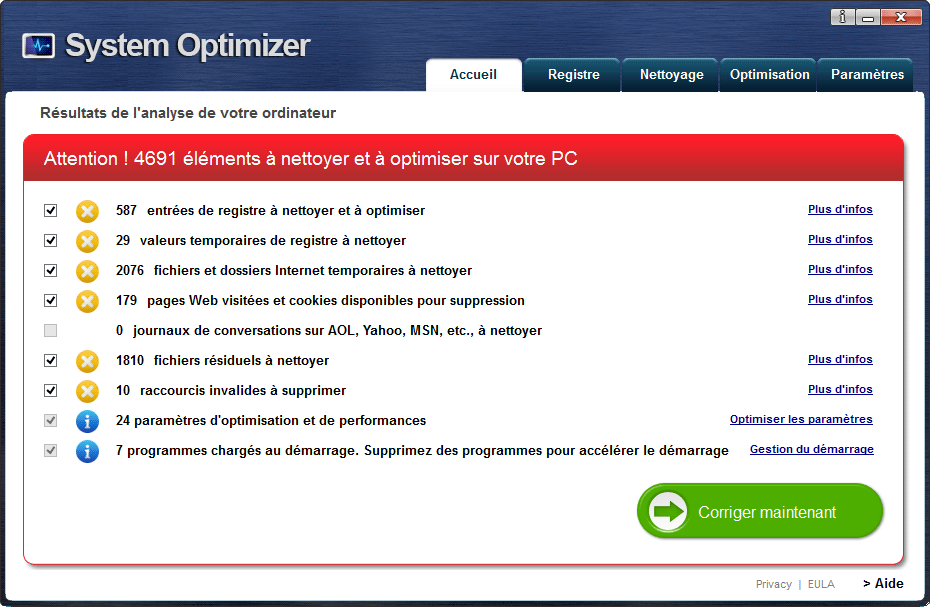 system optimizer détecte toujours des erreurs