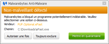 eFast Browser bloqué par Malwarebytes Anti-Malware Premium